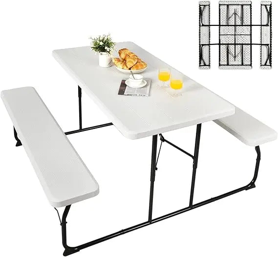 Folding Picnic Table, Plastic Picnic Table with 2 Benches, Outdoor Foldable Table and Bench with Steel Frame & Wood-Lik