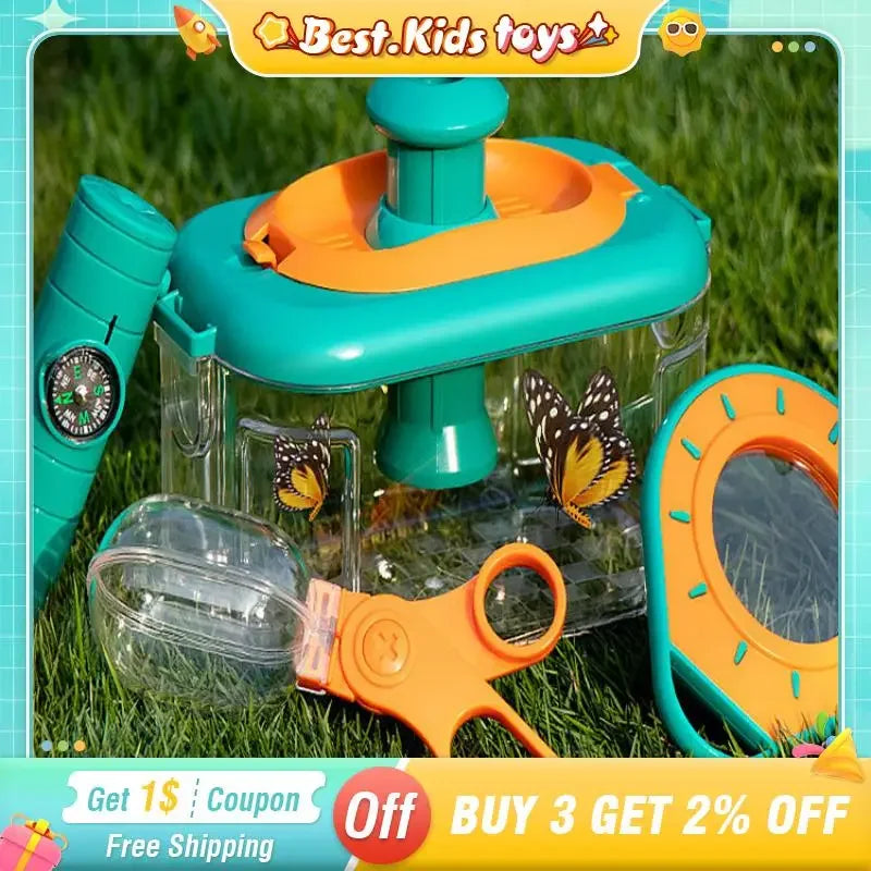 28PC Kids Bug Catcher Adventure Toys Kit Outdoor Nature Exploration Toy Binoculars Dragonfly Butterfly Catching Net Camping Game