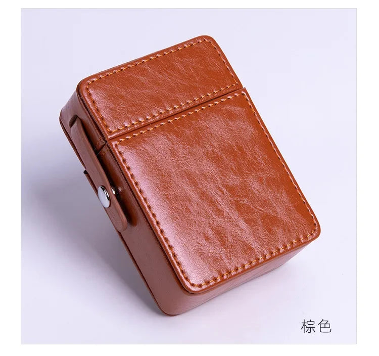 Cigarette Case Stainless Steel PU Flip Lid With Lighter Clip