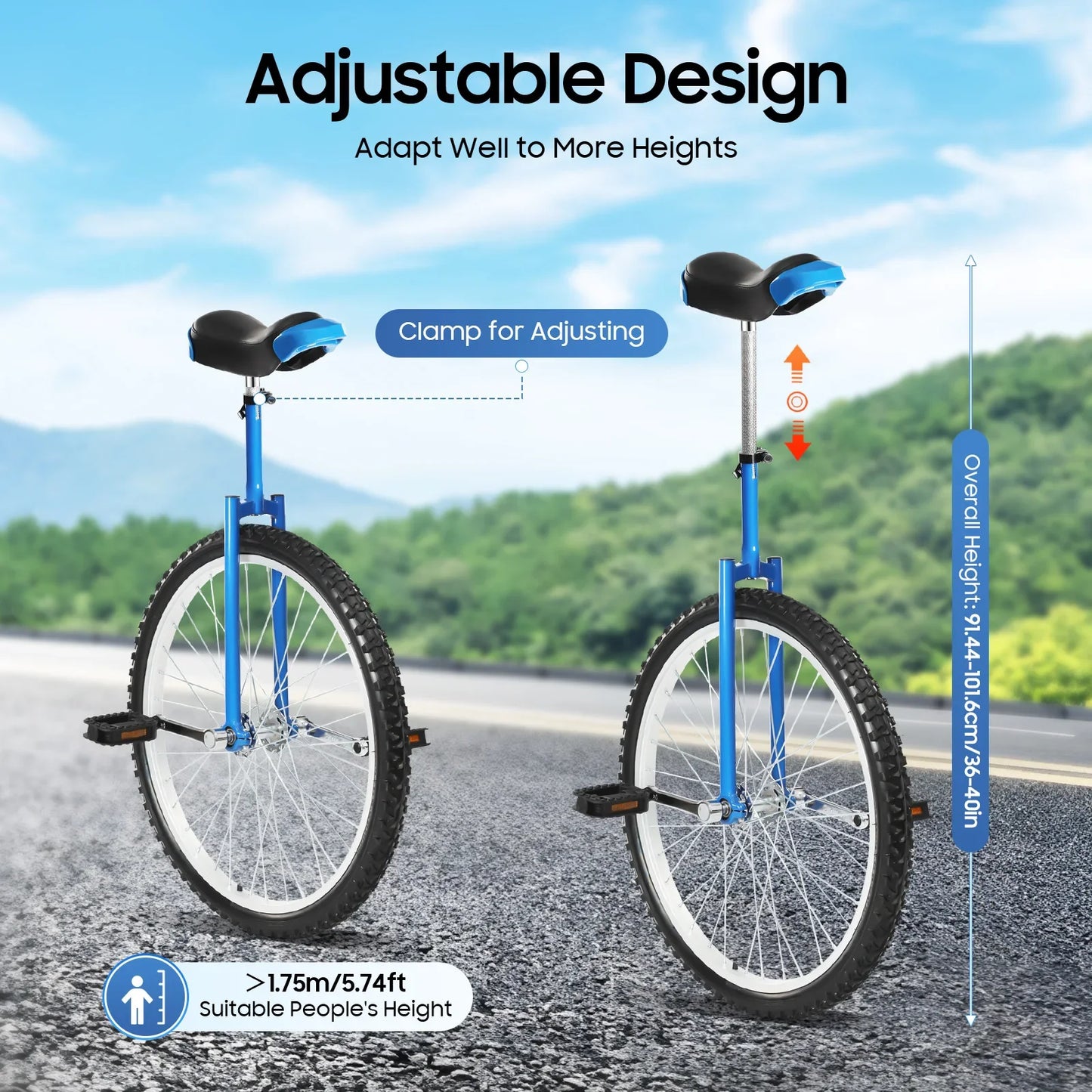 24 Inch Outdoor Unicycle and Exercise Bike Adjustable Height Seat Balance Training Wheel for Fitness Sports 7-60 Years Old Use