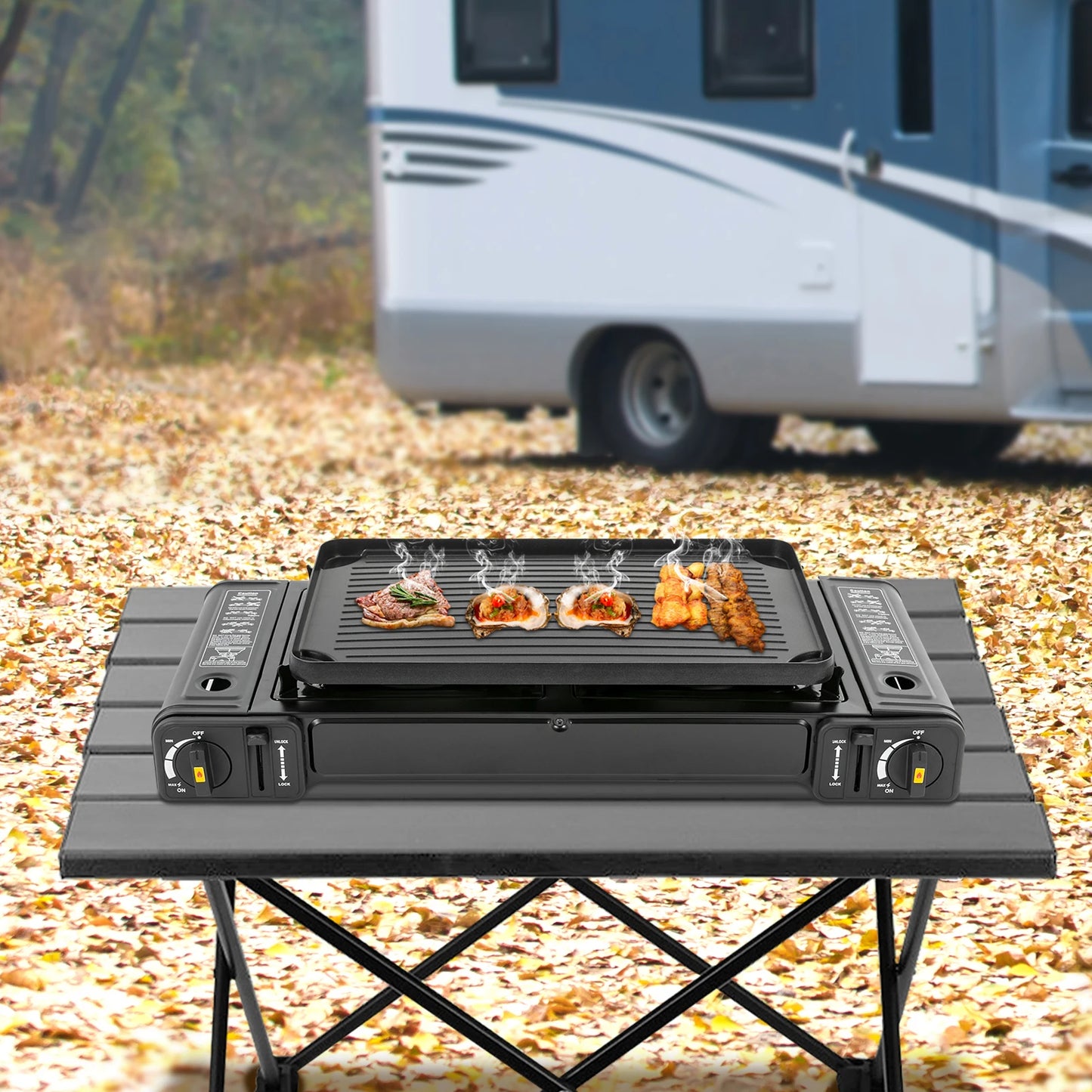 Double Head Barbecue Gas Stove With Baking Tray For Outdoor Use